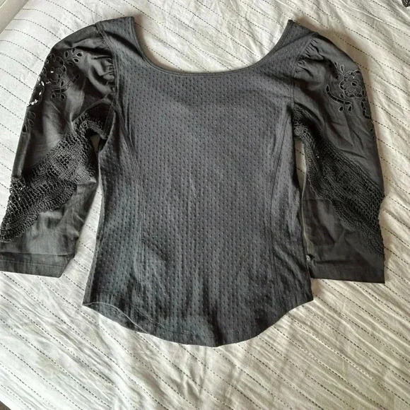 Free People Gray Eyelet Sleeve Top - Picture 3 of 15